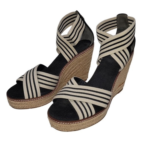 Tory Burch Frieda Espadrille Platform Wedge Sandals Cream/Navy Stripes 8 Slip-on - Picture 1 of 7